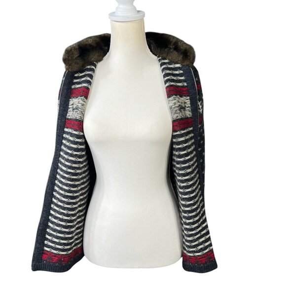 Lauren Ralph Lauren Reindeer Fair Isle Wool Faux Fur Trim Sweater Jacket Full Zi - Picture 4 of 9